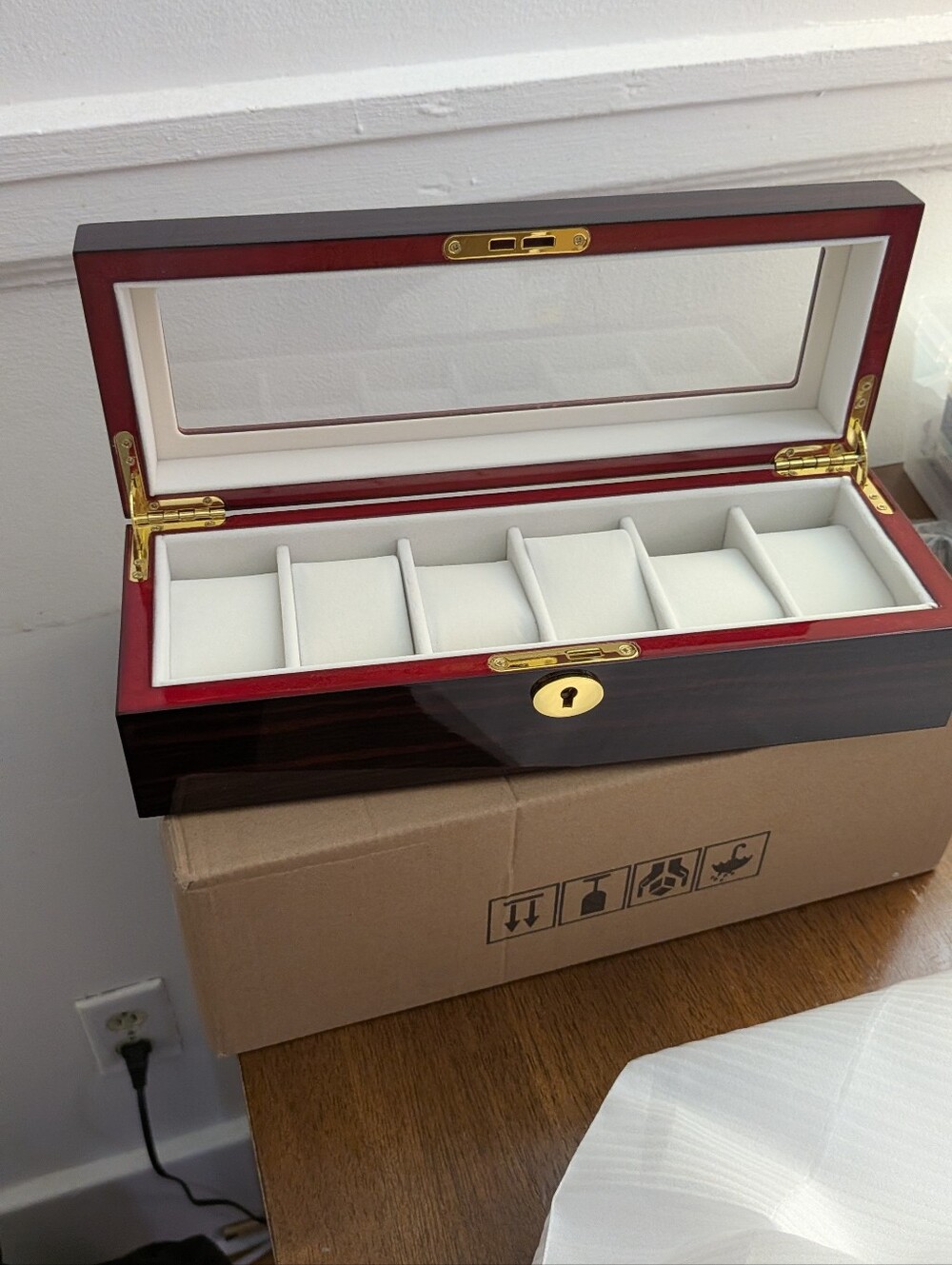 Luxury Red Wood Watch Storage Box with Glass Lid
